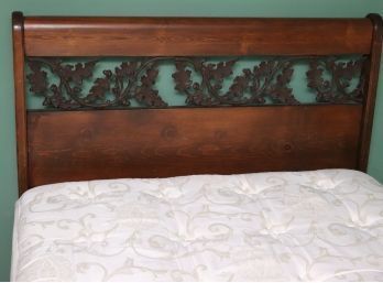 Vintage Full Size Wood Headboard With Ornate Scrolled Metal Foliage Detailing