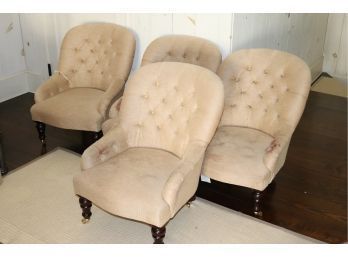 Set Of 4 Diminutive Size Parlor Chairs With Tufted Backs, Brass Casters