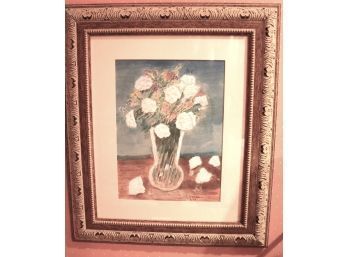 Floral Still Life Watercolor Painting In A Matted Frame Signed By The Artist In The Lower Corner A. Esnia