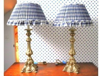 Vintage Pair Of Solid Brass Candlestick Table Lamps
