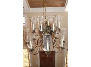 Large Georgian Style Two Tier 16 Light , Brass Chandelier With Hurricane Globes Size Restored Polished Lac