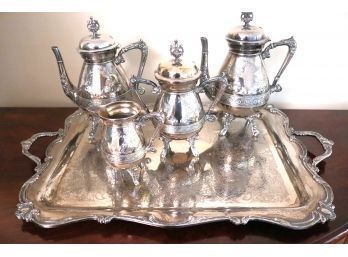 Meriden Engraved Silverplate Tea Set Includes A Large Tray With Handles