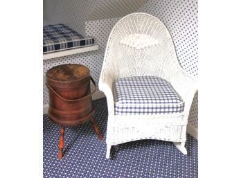 Gorgeous Authentic Wicker Rocking Chair With Cushion & Vintage Wood Table Basket