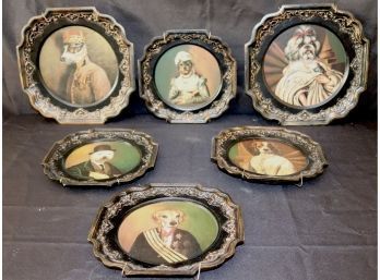Set Of 6 Cute Regal Doggie Portrait Print Plates With Wall Hanger Attached, Fun Decor For Your Home!