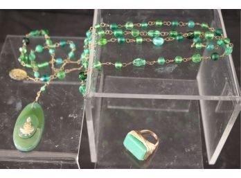 Fashionable Jewelry Includes A Ring With Polished Stone & Necklace With A Polished Green Buddha Pendant