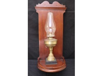 Vintage P & A MFG Company Waterbury Conn, Brass Oil Lamp Includes Wood Wall Mounted Shelf To Display The L