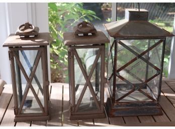 Set Of 3 Rustic Candle Lanterns, Very Heavy Made From Iron With A Nice Rustic Patina From Outdoor Use!