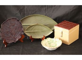 Collection Includes 2 Leaf Tray With Mark On The Bottom Signed Cabbage Leaf Plate, Leather Box