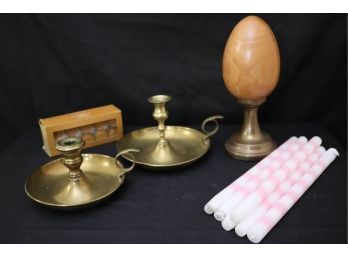 Vintage Brass Candlestick Holders, Polished Wood Egg, Dinner Candles & More