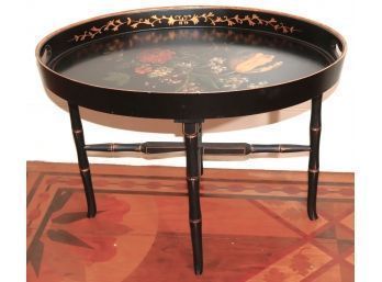 Oval Floral Tea Table Made As Tray Table With Stand In An Ebony Finish With Decorated Removable Tray