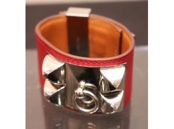 Hermes Paris Collier De Chien Bracelet Red Leather With Silver Hardware Includes Velvet Pouch Marked M L 40