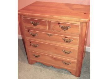 Vintage Pinewood Nightstand With Ornate Brass Drawer Pulls & Etched Floral Detail, Solid Piece In Good Co