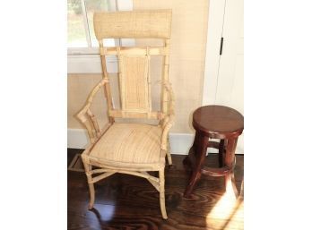 Unique Natural Bamboo Wood Chair With Woven Seat & Headrest, Includes A Small Wood Asian Style Stool