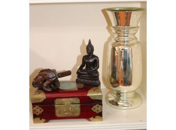 Ornate Miniature Asian Jewelry Box With Brass Accents, Carved Wood Frog & Mercury Glass Vase