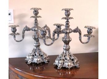 .Pair Of Vintage Reed & Barton Silver Plate 3 Arm Hand Chased & Hand Pierced Candelabras