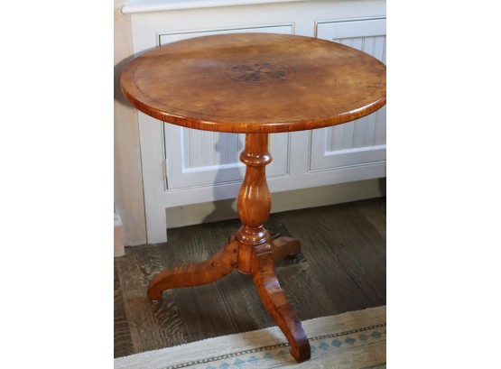 Antique Inlaid Wood Tilt Top Table With Richly Grained Wood