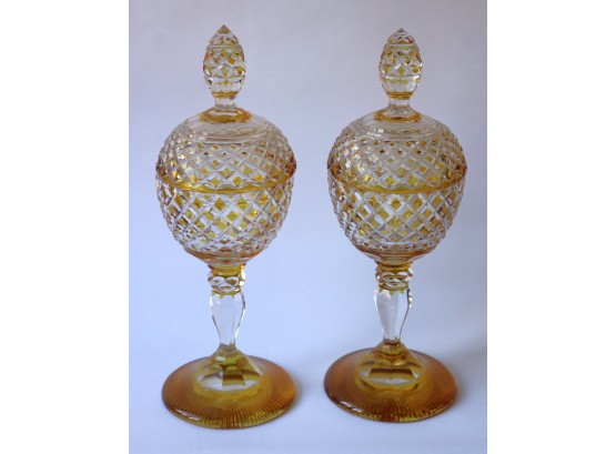 Pair Of Elegant Etched Crystal Candy Dishes With Amber Highlights