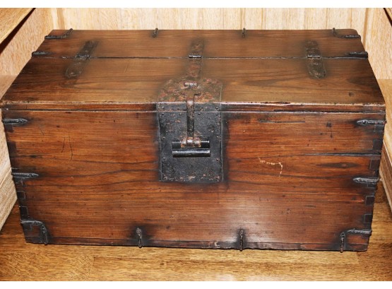 Rare Antique Korean Coin Chest In Handcrafted Wood & Wrought Iron