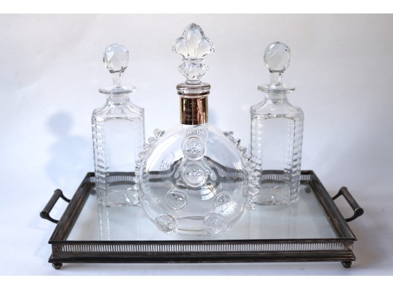 Baccarat Louis XIII Bottle & 2 Decanters On Glass Tray With Silver-Plated Trim & Handles