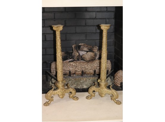 Pair Of Magnificent Column Shaped Andirons With Neo Classic Engravings & Claw Feet