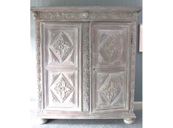 .Fabulous Antique Flemish Carved & Whitewashed Armoire With Cherubs & Blue Painted Interior