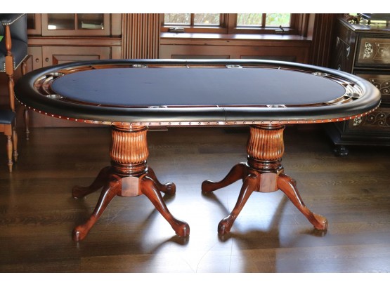 Amazing Double Pedestal Poker / Card Table With Blue Velvet & Leather Top