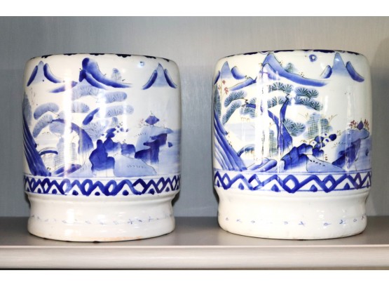 Pair Of Chinese Blue & White Hand Painted Porcelain Planters With Landscape Scenes