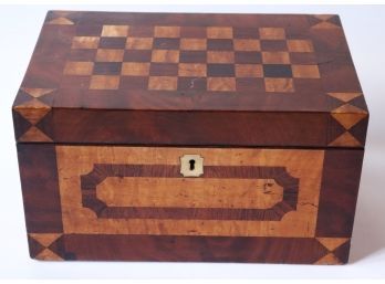 Antique Burl Wood Inlaid Marquetry Box With Checkerboard Design & Marbleized Paper Lining