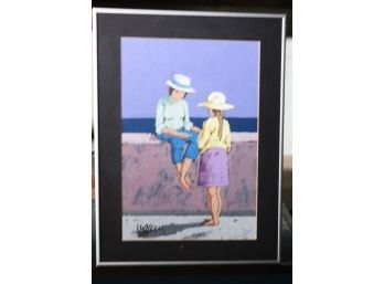 Chalk & Pastel Painting Of Young Girls With Sunhats By The Ocean Signed By Artist