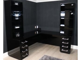 Custom Black Lacquered Corner Office Suite With Lucite Drawer Handles & Glamour Vibe