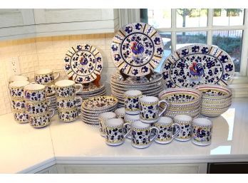 Large Set Of Fima, Deruta Hand Painted Dinnerware With Blue Roosters Made In Italy