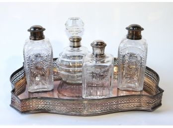 Regency Style Silver Plated Tray & 4 Elegant Smaller Decanters With Silver Plated Lids
