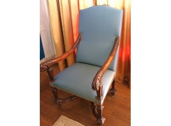 #2. Gorgeous French Renaissance Style Armchair With Carved Wood & Silk Upholstery Accented By Nail Heads