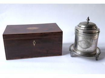 Antique English Inlaid Mahogany Tea Caddy & Hallmarked Silver-Plated Tea Caddy