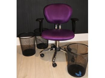 Swivel Office Chair On Casters In Purple Mesh Fabric & 3 Waste Baskets