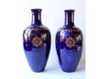Pair Of Gorgeous French Blue Porcelain Vases With Gilt Decoration