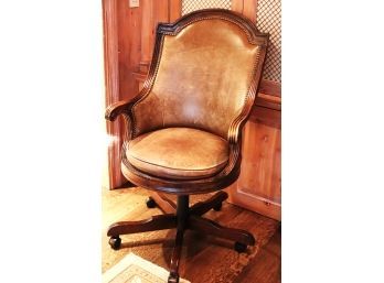 Executive Office Chair In Tan Leather With Brass Nail Heads On Swiveling Base