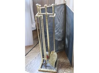 Handsome Hammered Brass Fireplace Tools & Mesh Fireplace Screen
