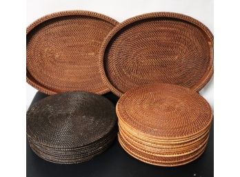 Two Wicker Serving Trays & Large Lot Of Wicker Placemats