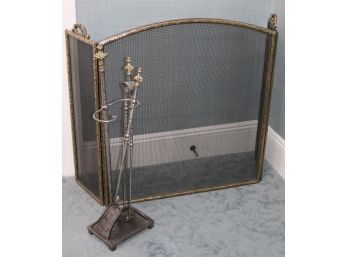 Lovely Brass Edged Mesh Fireplace Screen & Mixed Metals Fireplace Tools