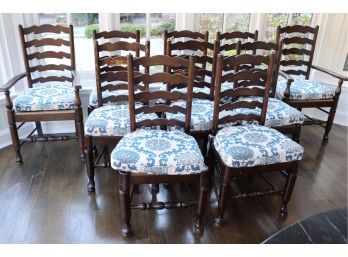 Set Of 10 Ladder Back Chairs With Rush Seats & Custom Suzani Design Fabric Cushions