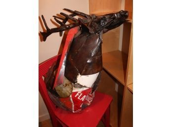 Salvaged Metal Artwork Sculpture Of Stags Head / Wall Trophy In The Style Of Gordon Chandler