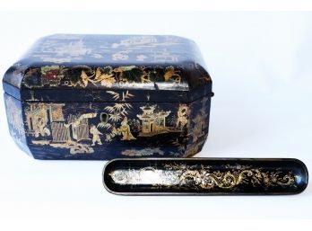 Vintage Lacquered & Painted Chinoiserie Box & Victorian Papier Mache Pen Holder