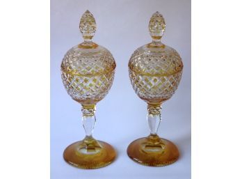 Pair Of Elegant Etched Crystal Candy Dishes With Amber Highlights