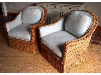 Pair Of High-Quality Woven Wicker Armchairs With Palm Leaf Motif Upholstery