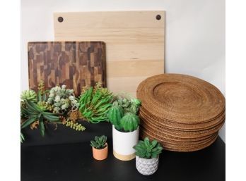 Lot With 2 Wood Cutting Boards, Wicker Chargers & Faux Succulents