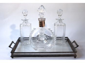 Baccarat Louis XIII Bottle & 2 Decanters On Glass Tray With Silver-Plated Trim & Handles