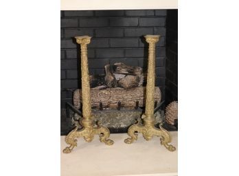 Pair Of Magnificent Column Shaped Andirons With Neo Classic Engravings & Claw Feet
