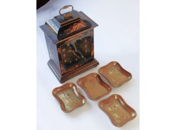 Chinoiserie Mantle Clock & 4 Hand Painted Lacquered Playing Card Dishes.