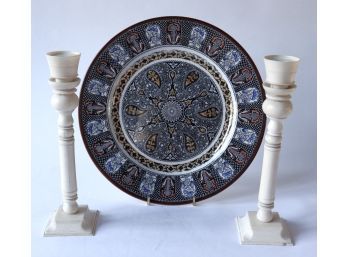 Collectable Wedgwood Etruria Indian Pattern Plate & Pair Of Antique Bone Candlesticks